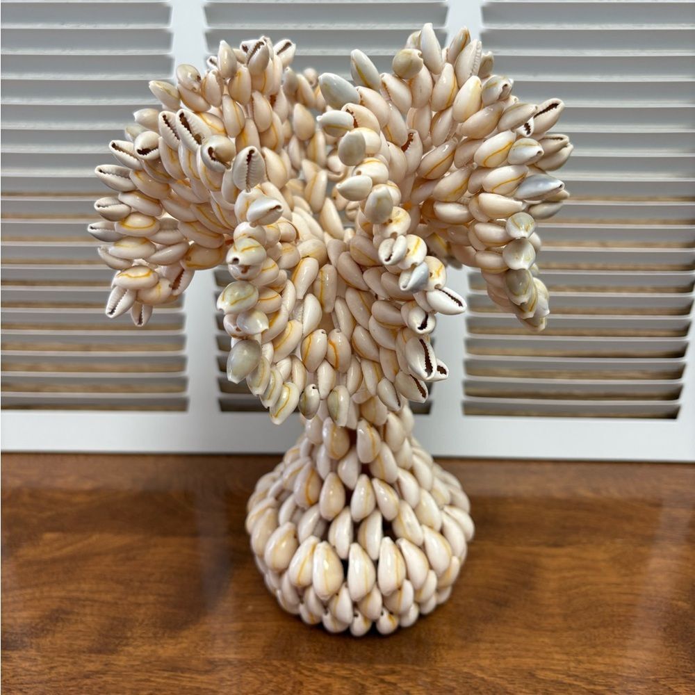 Vintage Woven Cowrie Sea Shell Art Vase Candle Stick Sculpture Seashells MCM